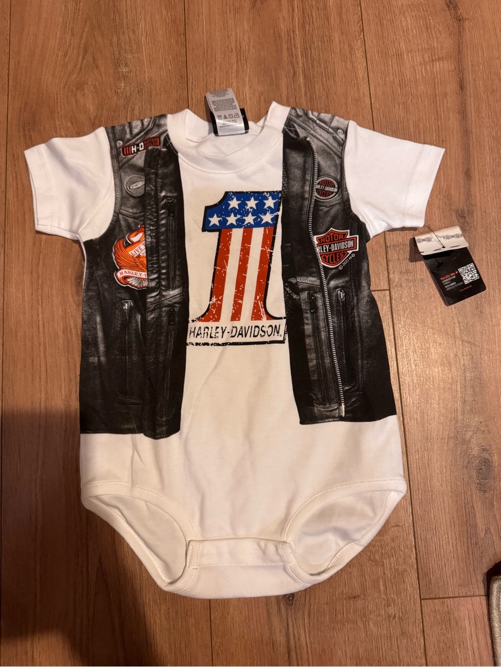 Harley-Davidson White Baby Onesie with Patriotic '1' and Faux Black Vest